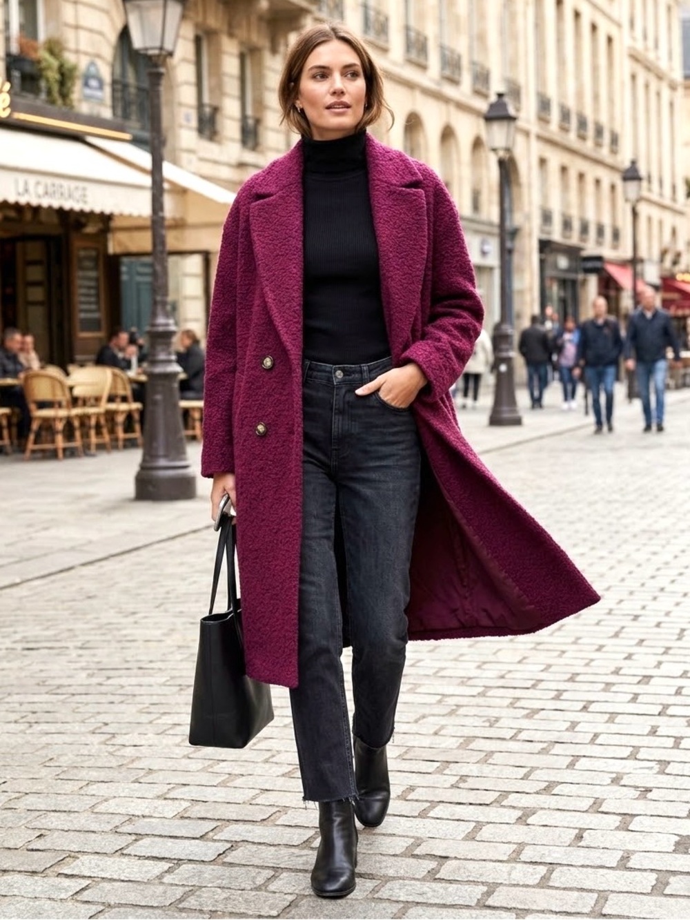 Dynamite Burgundy Bouclé Double-Breasted Wool- Blend Long Coat - Sz M/L